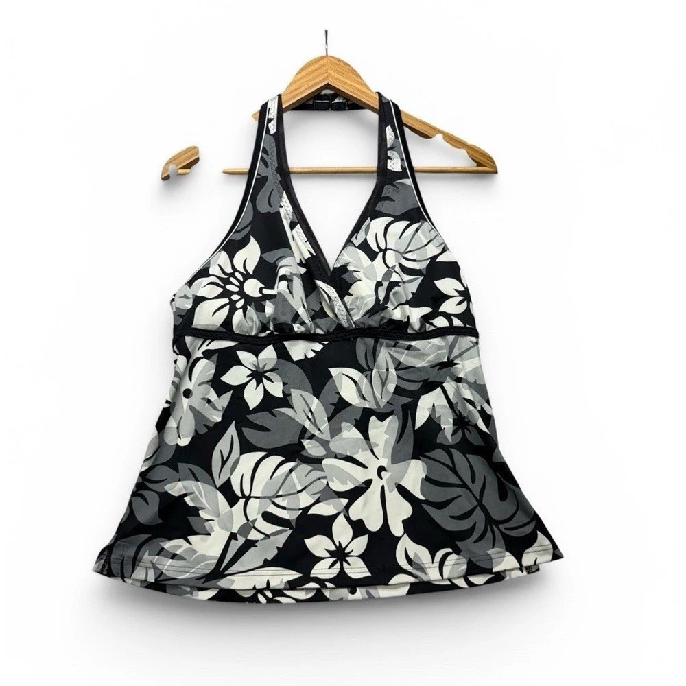 Lands End Womens Tankini Top 12 Black White Floral Halter Swim Swimsuit